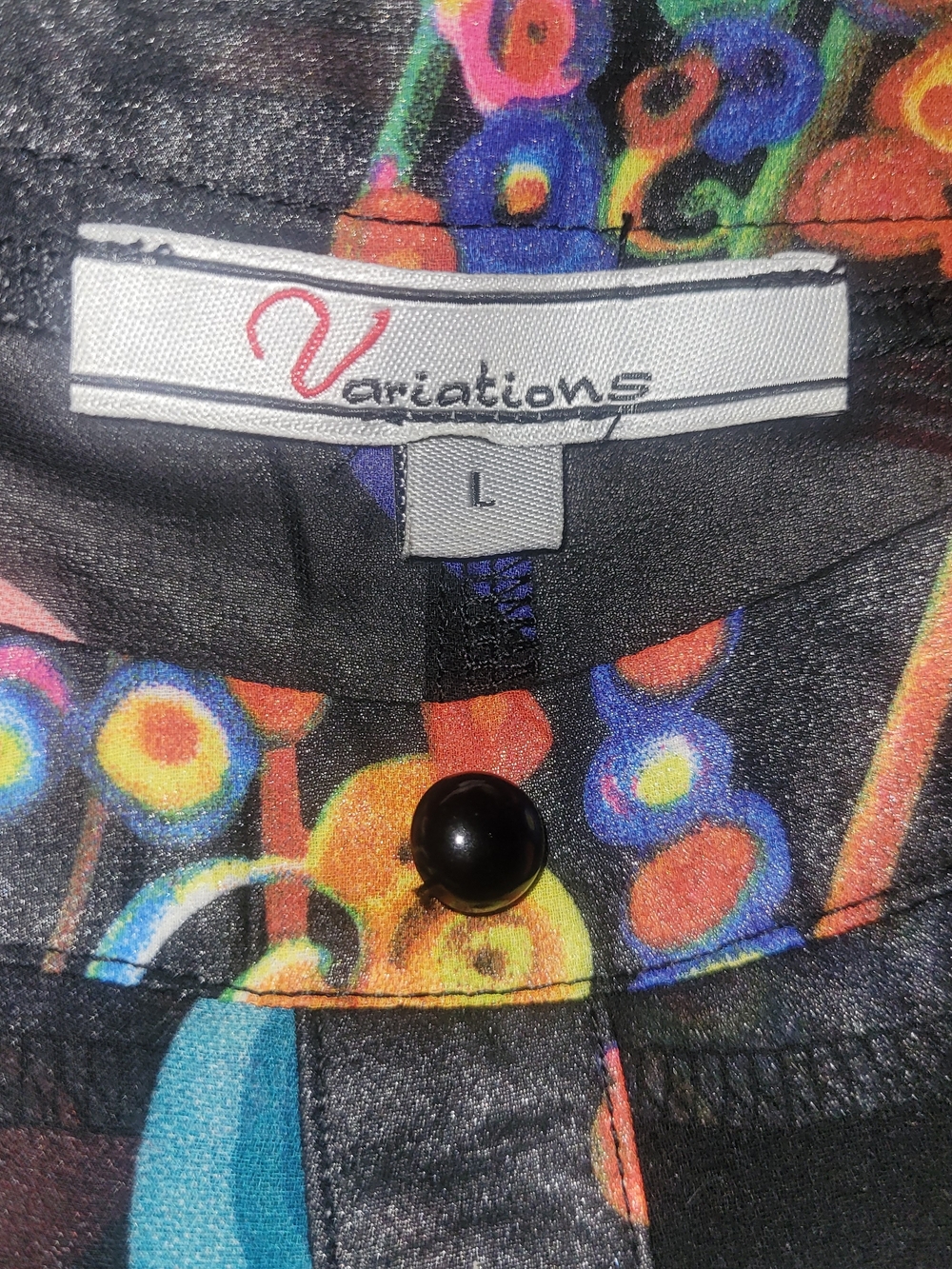 Variations Black Multi-Color Geometric Circles Faux Button-Front Sheer Top L - Picture 6 of 6